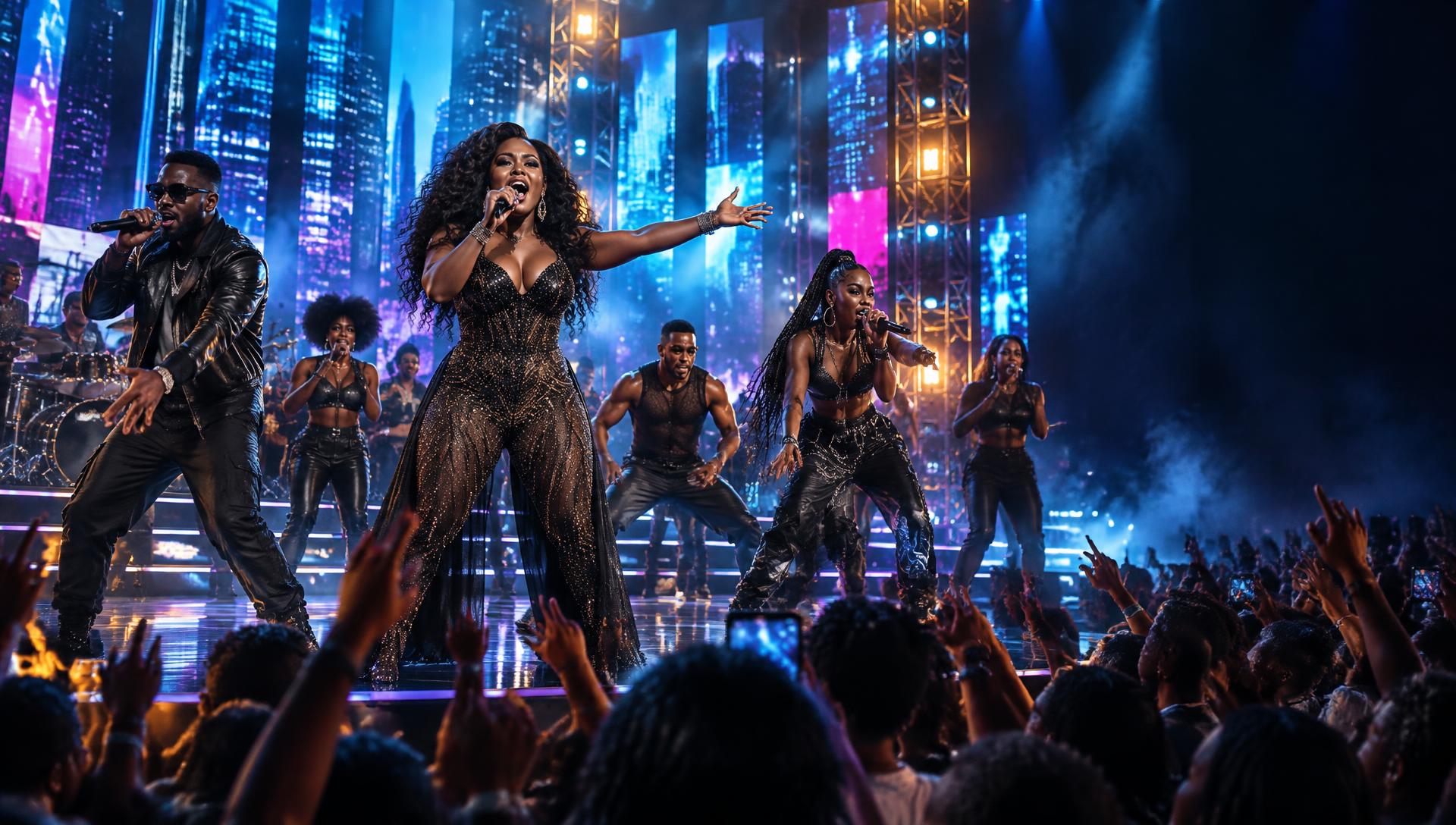 Multiple Black singers, rappers, and dancers performing live on an urban talent show stage